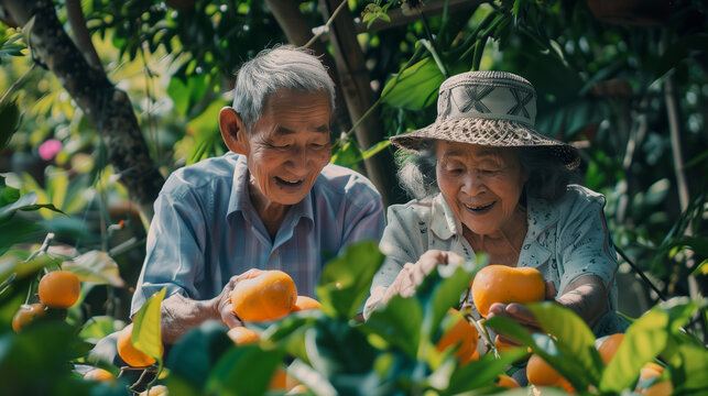 Photo of elderly couple smiling picking fruits in the garden