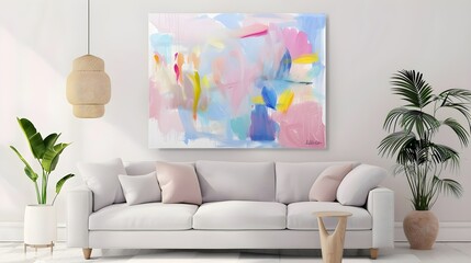 Abstract Painting in the living room with Soft Pink And Calming Sky Blue Hues. Сoncept Bold And Vibrant Landscapes, Serene Watercolor Seascapes, Expressive Floral Still Life