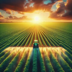 Pesticide machine in a soybean field during sunset in the countryside.