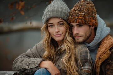 An intimate moment between a man and woman, sharing warmth and comfort in a chilly setting with their affectionate embrace and fashionable winter attire