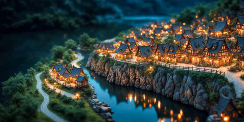 Tilt Shift fantasy photo fantasy village on a cliff next to a river 