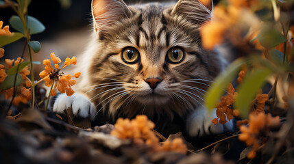 Un chat curieux explorant un jardin secret, découvrant des trésors cachés sous les feuilles et les fleurs.