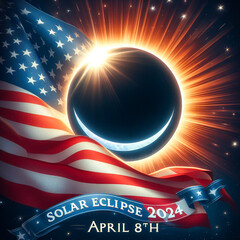 A banner for upcoming 2024 full solar eclipse by the moon in front of the sun with Baily's beads or diamond ring effect. 