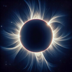 A full solar eclipse by the moon in front of the sun with Baily's beads or diamond ring effect, Solar prominences and surrounding extensive coronal filaments stretching into dark space. - obrazy, fototapety, plakaty