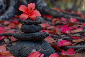 Zen stones with red flower amid fallen leaves - Powered by Adobe