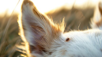 A photo of a small tick on the white fur of an animal, a parasite insect on a dog's muzzle near the ear