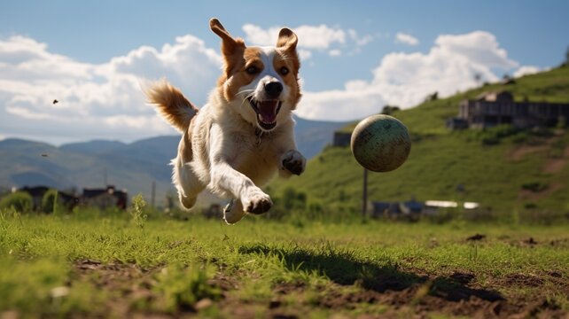 Dog running away chasing ball jump play farm stock photos Ai generated art