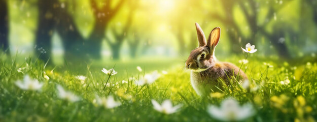 Spring's awakening with a hare amidst blossoming flora. The lush greenery bathed in sunlight provides a peaceful habitat for the woodland creature. - obrazy, fototapety, plakaty