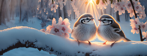 Two birds perch on a snow-dusted branch at sunrise. Blossoms frame the feathered duo basking in the dawn's golden glow, signifying renewal. - obrazy, fototapety, plakaty