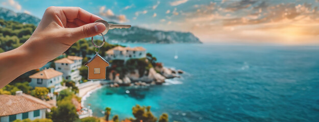 Hand holding house keys against a coastal village backdrop. New home ownership is highlighted with a stunning seaside view. Panorama with copy space. - obrazy, fototapety, plakaty