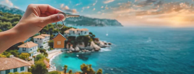 Foto op Plexiglas Hand holding house keys against a coastal village backdrop. New home ownership is highlighted with a stunning seaside view. Panorama with copy space. © Igor Tichonow
