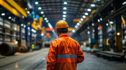 Professional Heavy Industry Engineer or Worker Wearing Safety Uniform and Hard Hat at a Manufacturing Warehouse