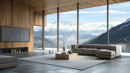 Interior of modern living room with wooden walls, concrete floor, panoramic window and Mountain View
