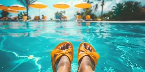Foto op Canvas Relaxing summer day by the poolside with vibrant flip-flops © GMZ