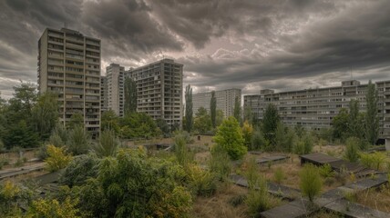 Fototapeta na wymiar dystopian vision of a deserted brutalist city, with overgrown vegetation reclaiming the stark concrete structures under a stormy sky
