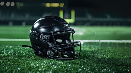 black american football helmet Close-up photo Placed on the American football field in the night Cinematic light and shadows With space for entering text