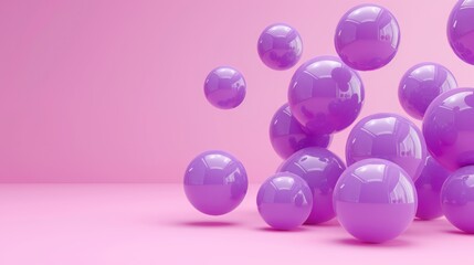 a group of purple balls floating on top of a pink surface with a pink wall in the background and a pink wall in the background.
