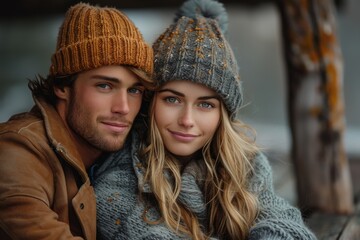 Fototapeta premium An affectionate couple, faces obscured, wearing winter knitted hats hugging in an outdoor, cozy setting