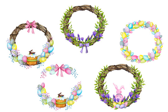 Set of Easter wreaths. Hand drawn watercolor illustration. Design for greeting cards, invitations, labels, posters, textiles with place for text.

