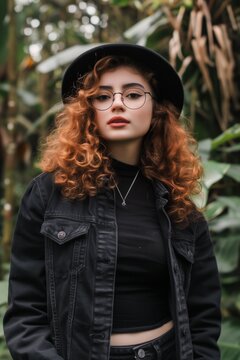 Stylish young woman with glasses and black hat outdoors