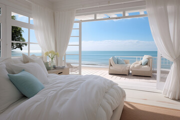 Fototapeta na wymiar Interior of bedroom with panoramic sea view