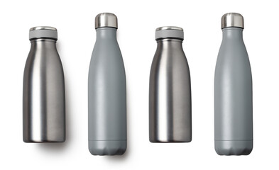 two blank metal thermos flask bottles, with and without shadows, isolated over a transparent...