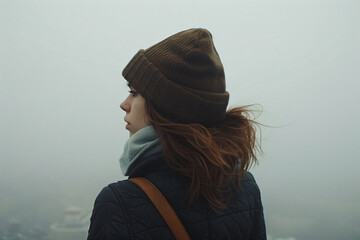 Woman with a beanie looking into the fog. Contemplative and serene concept for design and print