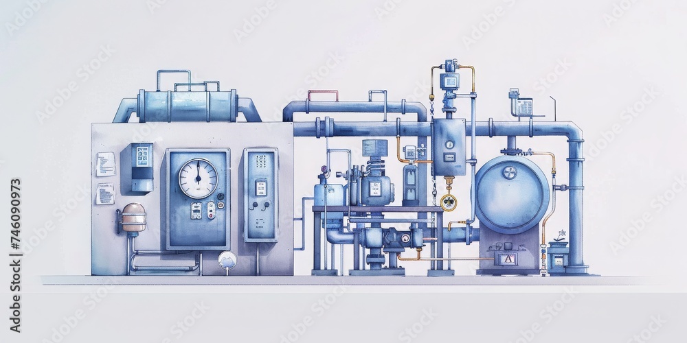 Poster a detailed illustration of industrial machinery with complex piping and measurement instruments, gen