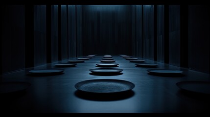 a row of black plates sitting on top of a floor in front of a dark room with a light at the end of the room. - obrazy, fototapety, plakaty