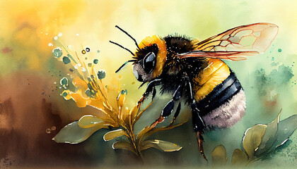 Happy bee watercolor background. AI generated