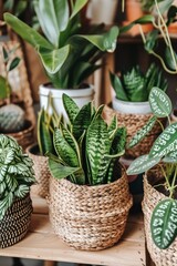 Assorted houseplants in woven baskets on a wooden shelf