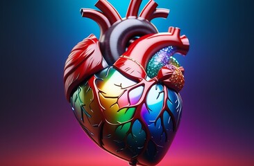 Colorful vibrant color heart shape medicine logo sign. Anatomical human heart iridescent fluid gradient bright holographic futuristic design. with multi-colored mineral stones, agate, marble, quartz
