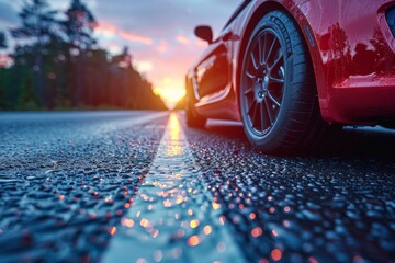 Red sports car parked on an asphalt road reflecting the stunning sunset after a rainfall, symbolizing speed and freedom