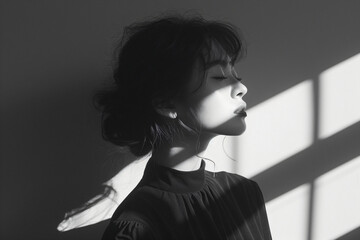 Artistic black and white portrait of a young woman with shadows. Dramatic and emotional concept for design and print © Alexey