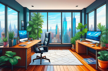 Cozy home office with hardwood floor in modern apartment for mockup, game room background. Beautiful colorful view from the window