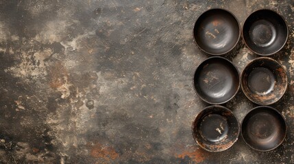 a set of four black plates sitting on top of a table next to each other on top of a dirty surface.