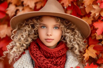 Autumn portrait of a young girl surrounded by red leaves