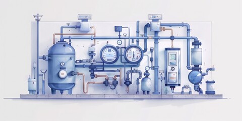  A Detailed Illustration of Industrial Machinery with Complex Piping and Measurement Instruments, Generative AI