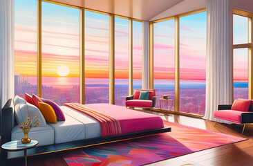 Cozy bedroom with hardwood floor in modern apartment for mockup, game room background. Beautiful colorful view from the window