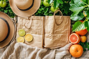 Summer picnic setup with straw hats, fresh fruit, and tote bag - Powered by Adobe
