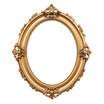 Antique round oval gold picture or mirror frame on white or transparent background