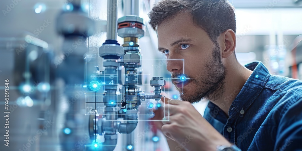 Poster Engineer with a Steely Gaze Monitors Complex Industrial Systems Using Advanced Digital Interface Technology in a Modern Setting, Generative AI