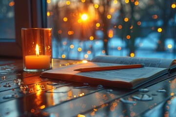 Cozy evening scene featuring an illuminated candle beside an open book on a window sill with raindrops