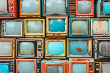 Vintage televisions stacked in colorful array - obrazy, fototapety, plakaty