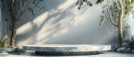 Three-dimensional Rendering of an Empty Space Product Display with Polygonal White Marble Crafted Stone Podium, Embellished Geometrical Shaped Stones, Delicate Leaves, on a Serene White Minimal