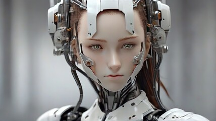 Fototapeta premium A beautiful female robot on a white background, artificial intelligence. portrait of a female robot in close-up, Quantum computer