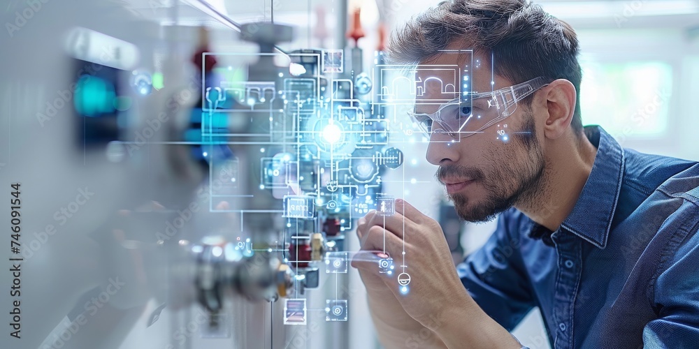 Fototapete Engineer with a Steely Gaze Monitors Complex Industrial Systems Using Advanced Digital Interface Technology in a Modern Setting, Generative AI