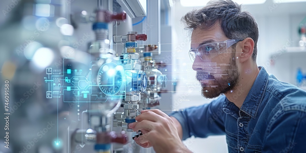 Aufkleber Engineer with a Steely Gaze Monitors Complex Industrial Systems Using Advanced Digital Interface Technology in a Modern Setting, Generative AI