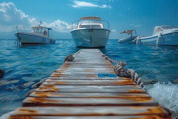 A clear view from a wooden jetty with ropes leading to various boats moored on calm blue waters