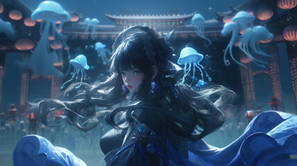 Beautiful young woman in a fantasy anime movie